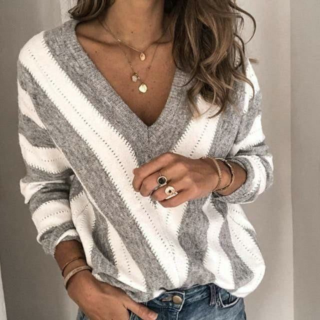 Pull femme rayé à col en V en maille pour l'automne et le printemps
