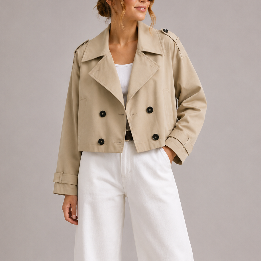 Trench court pour femme, croisé, en coton, pour l’automne et la mi-saison