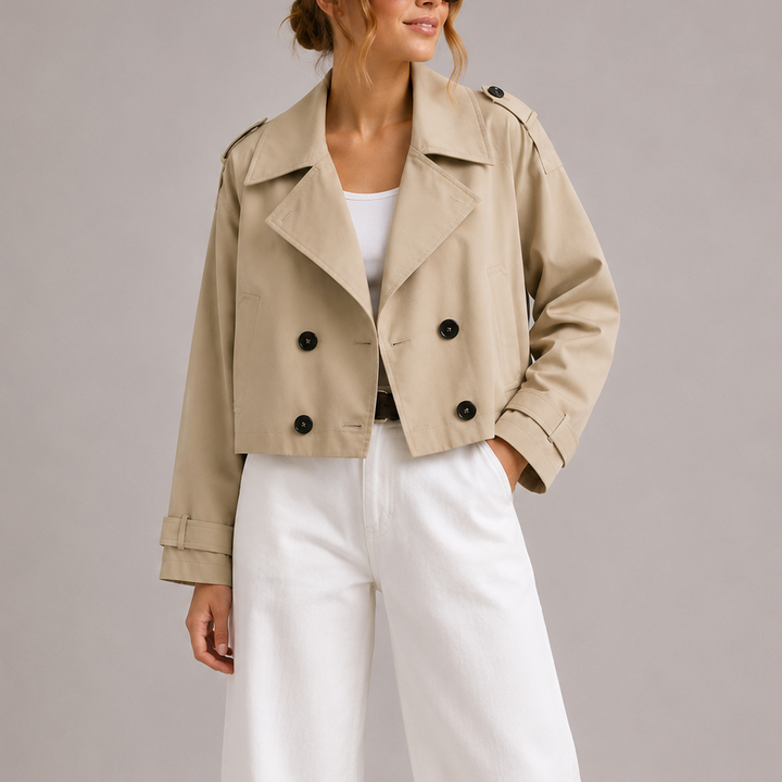 Trench court pour femme, croisé, en coton, pour l’automne et la mi-saison