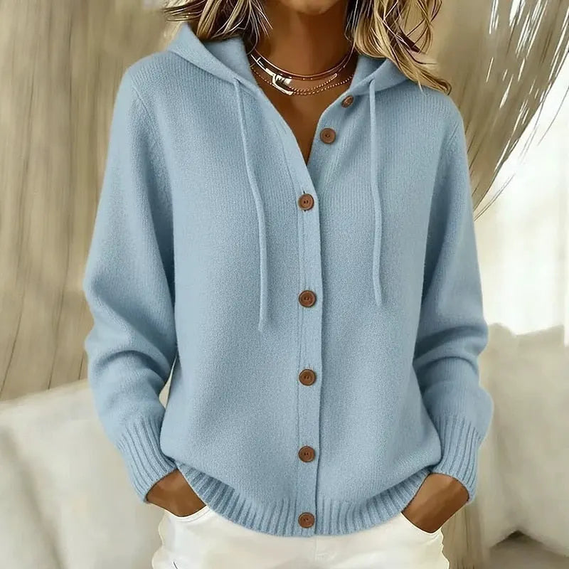 Gilet femme à capuche en maille douce avec boutons, cardigan chaud pour l'automne-hiver