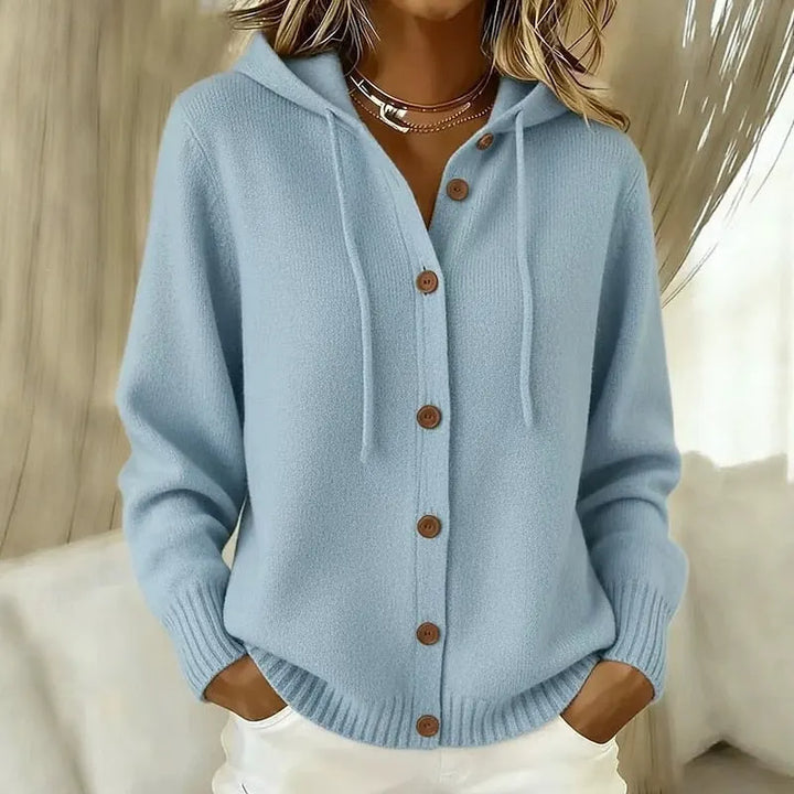 Gilet femme à capuche en maille douce avec boutons, cardigan chaud pour l'automne-hiver