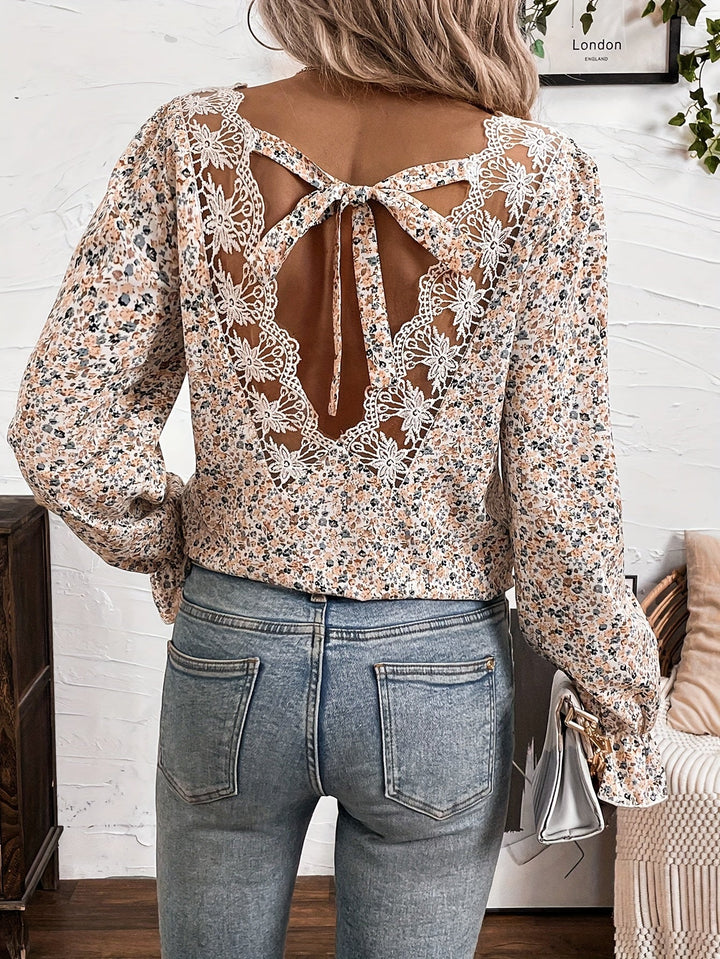 Eglantine | Chic Floral Print Blouse with V-Neck and Lace Bow Detail, Elegant Low Back Design