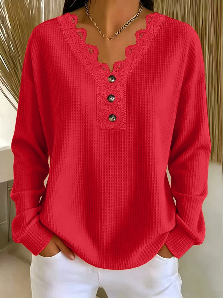 Women's V-neck lace-trimmed waffle-knit sweater with buttons, long-sleeve top for autumn