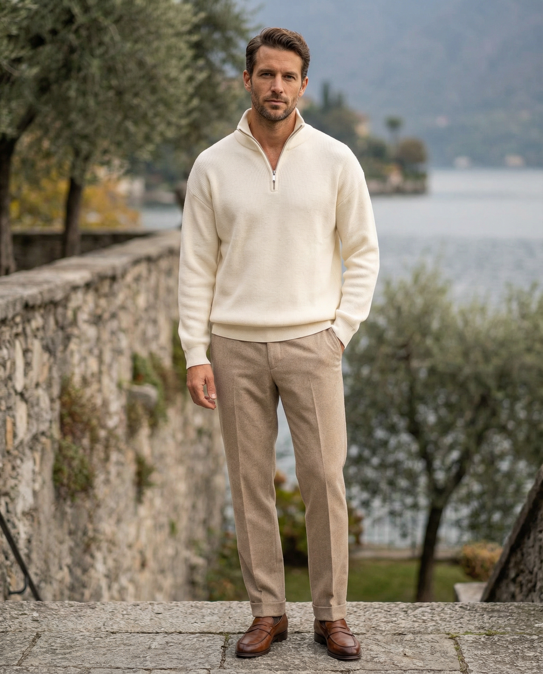 Pull en laine pour homme à col zippé, côtelé, style smart casual, automne