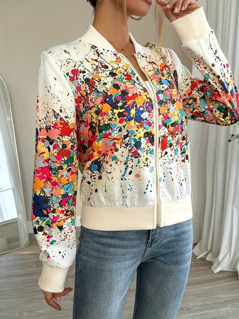 Women's zip-up bomber jacket with abstract print, lightweight and comfortable jacket for transitional seasons