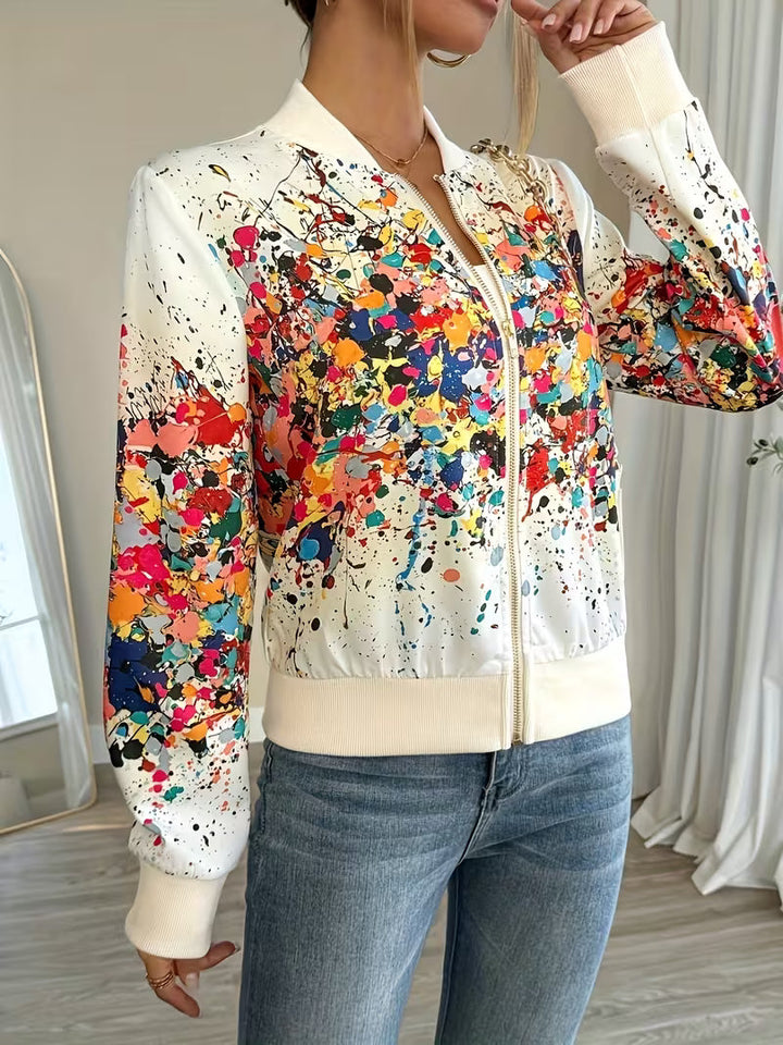 Women's zip-up bomber jacket with abstract print, lightweight and comfortable jacket for transitional seasons