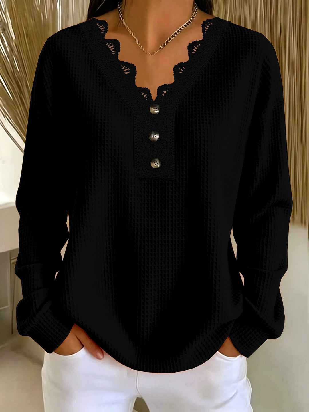Women's V-neck lace-trimmed waffle-knit sweater with buttons, long-sleeve top for autumn