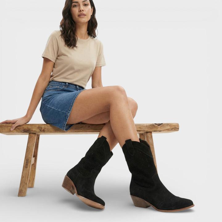 Bottes de cowgirl perforées à bout pointu pour l'automne, à talon bas