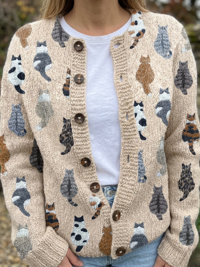 Cardigan femme en tricot à motif chat pour l'automne, idéal pour des tenues quotidiennes