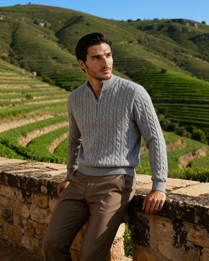 Pull homme en cachemire à col zippé, maille torsadée, pour l’automne