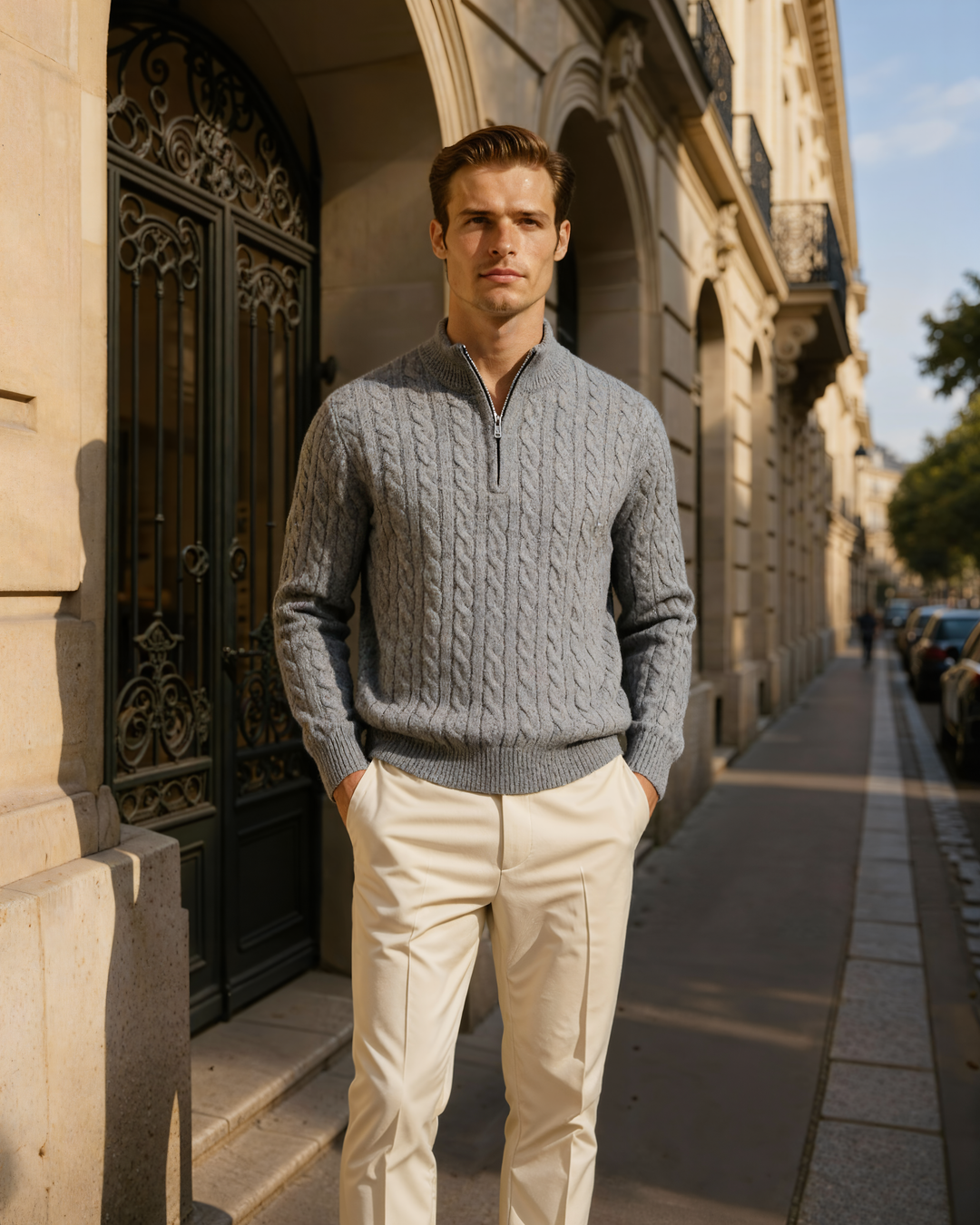 Pull homme en cachemire à col zippé, maille torsadée, pour l’automne
