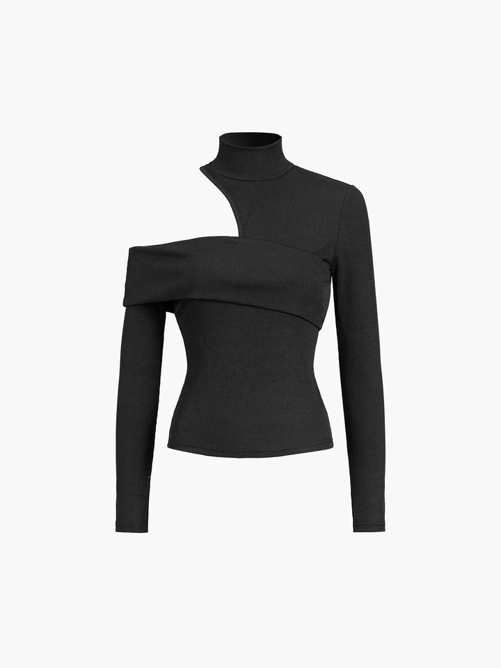 Blouse femme en coton à col montant avec coupe asymétrique et détail ajouré pour l’automne