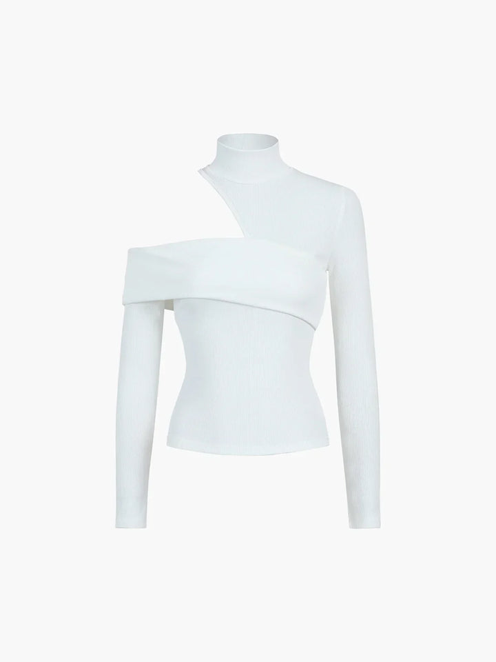 Blouse femme en coton à col montant avec coupe asymétrique et détail ajouré pour l’automne