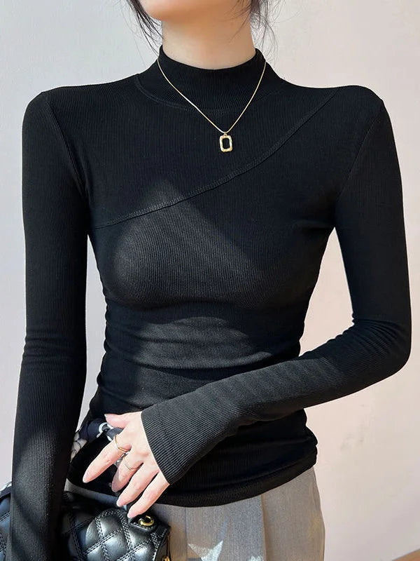 Blouse femme en coton à manches longues et col montant, modèle élégant pour l’automne