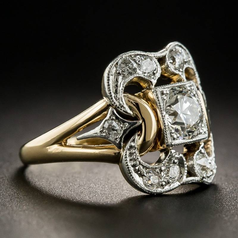 Women's gold-plated ring with cubic zirconia, Art Deco style, autumn collection