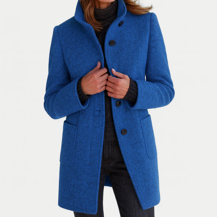 Elegant, straight-cut women’s wool jacket with a stand collar for autumn