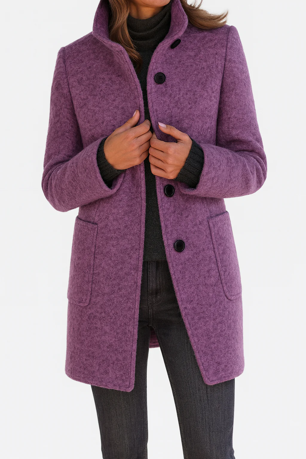 Elegant, straight-cut women’s wool jacket with a stand collar for autumn