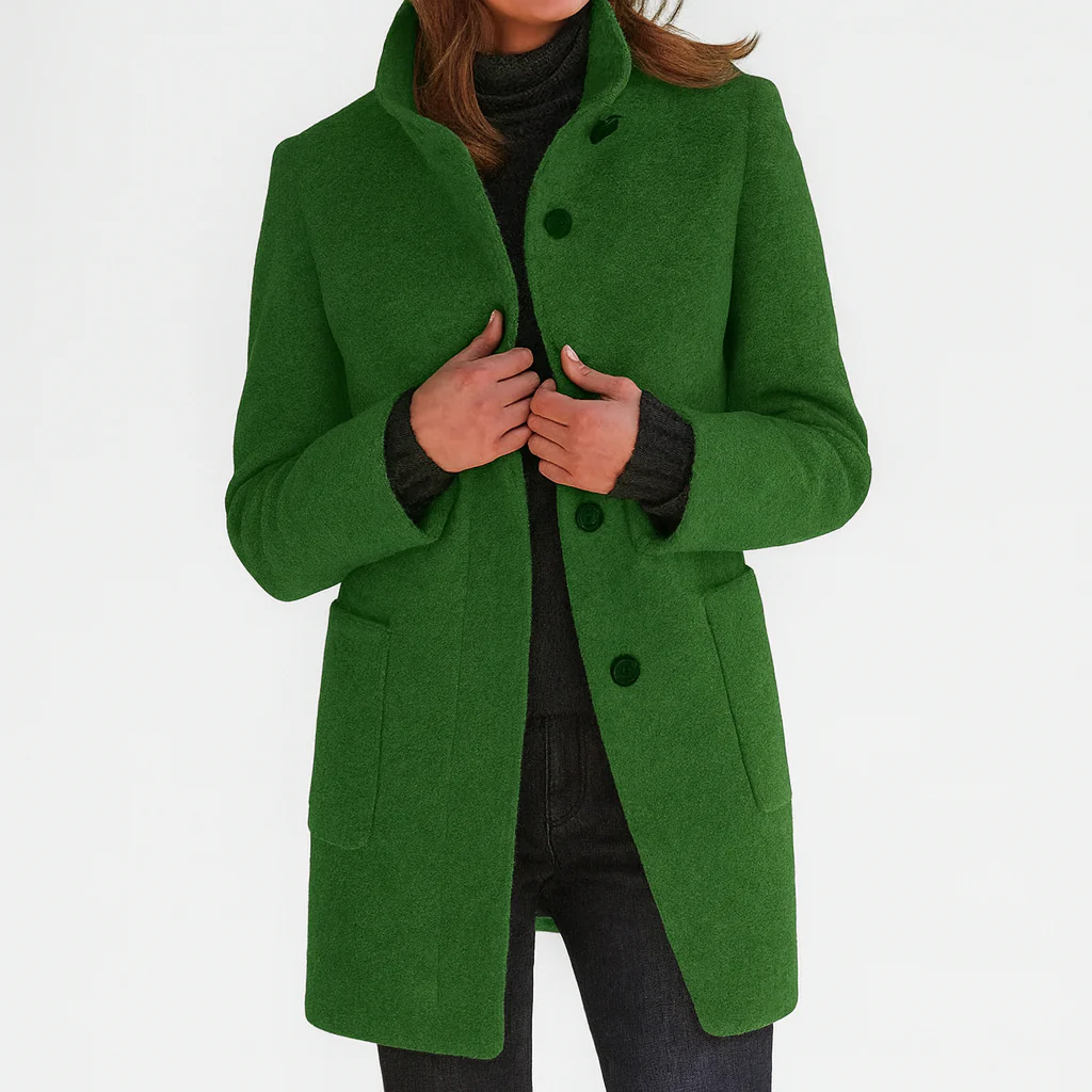 Elegant, straight-cut women’s wool jacket with a stand collar for autumn