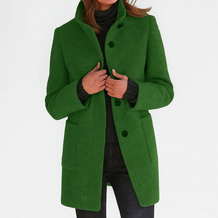 Elegant, straight-cut women’s wool jacket with a stand collar for autumn