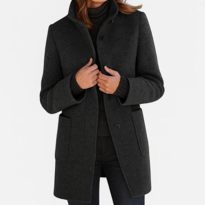 Elegant, straight-cut women’s wool jacket with a stand collar for autumn