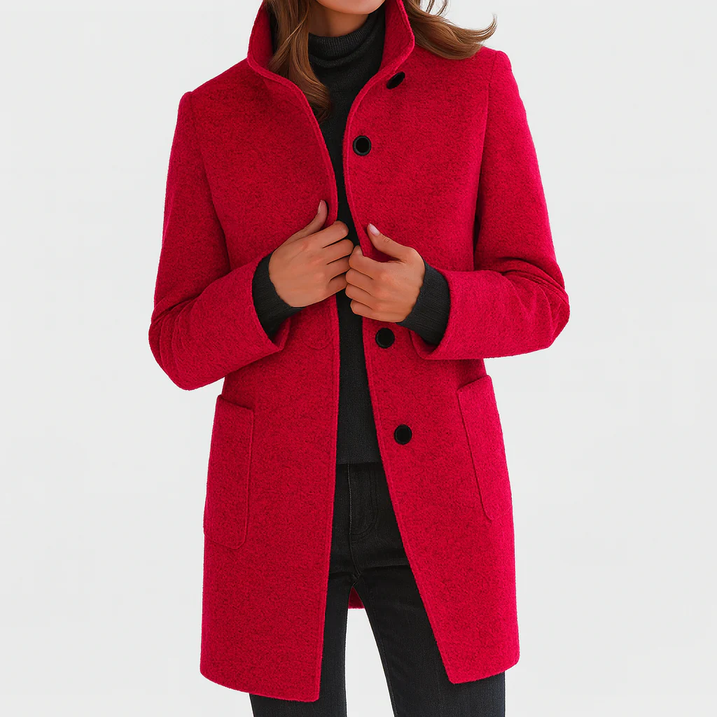 Elegant, straight-cut women’s wool jacket with a stand collar for autumn