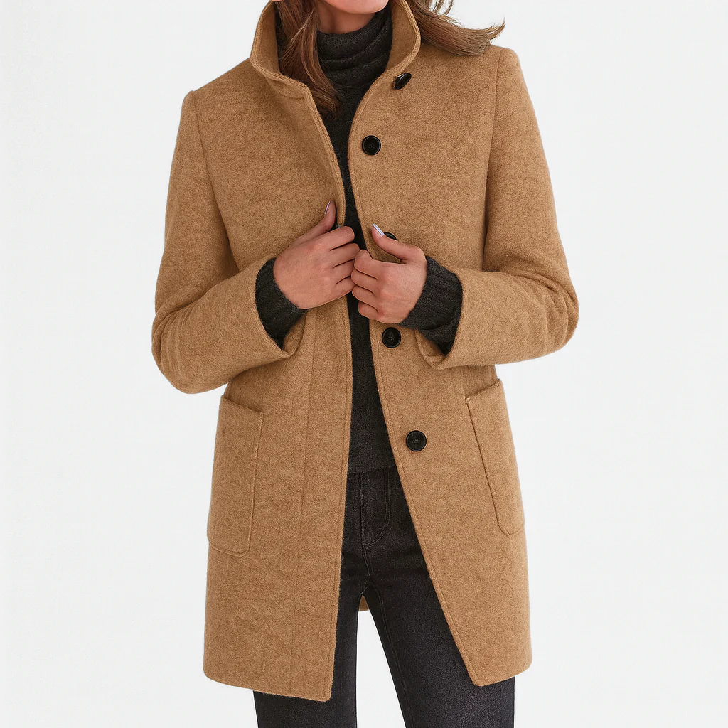 Elegant, straight-cut women’s wool jacket with a stand collar for autumn