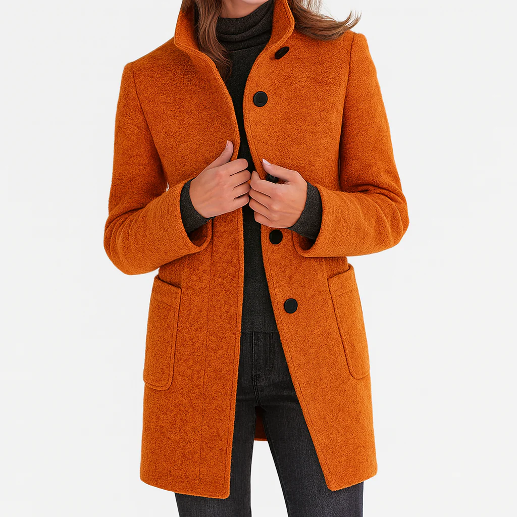 Elegant, straight-cut women’s wool jacket with a stand collar for autumn