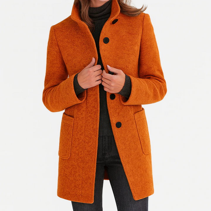 Elegant, straight-cut women’s wool jacket with a stand collar for autumn