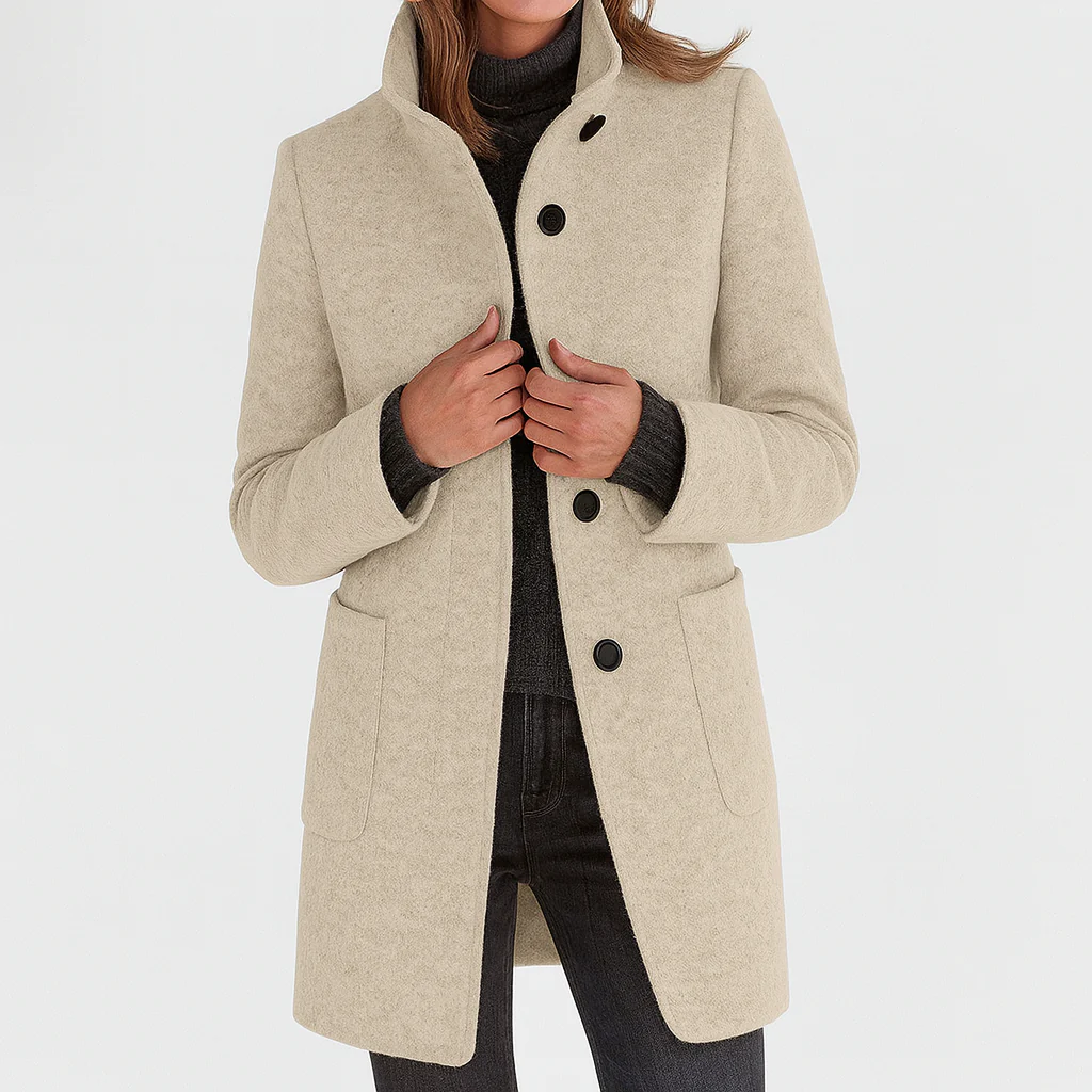 Elegant, straight-cut women’s wool jacket with a stand collar for autumn