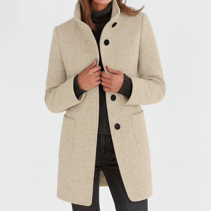 Elegant, straight-cut women’s wool jacket with a stand collar for autumn
