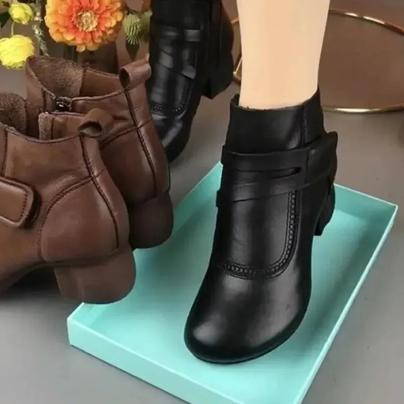 Bottines femme à boucle et petit talon aspect cuir, bottines confortables pour l'automne