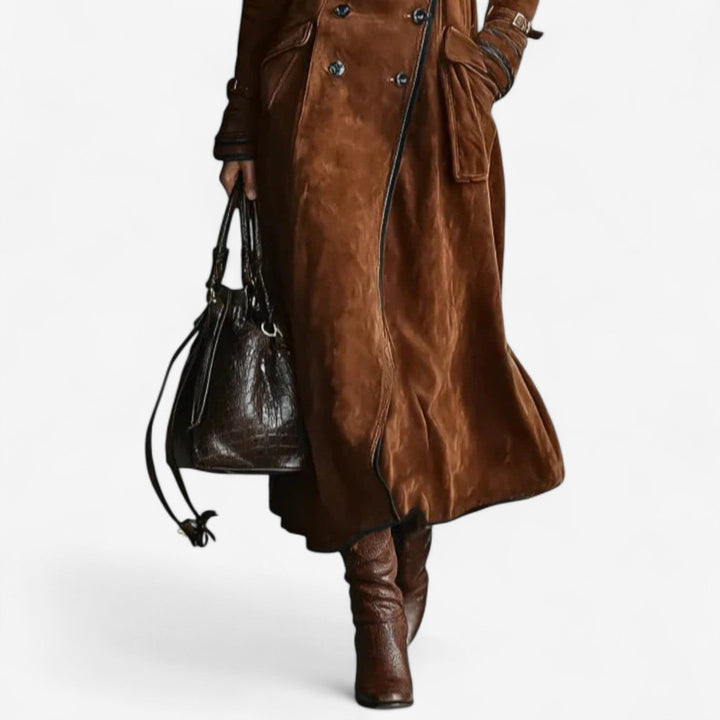 Manteau long femme effet daim style trench, manteau croisé élégant pour l'automne-hiver