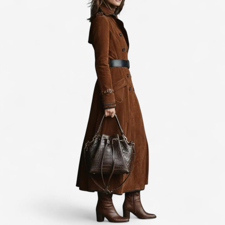 Manteau long femme effet daim style trench, manteau croisé élégant pour l'automne-hiver