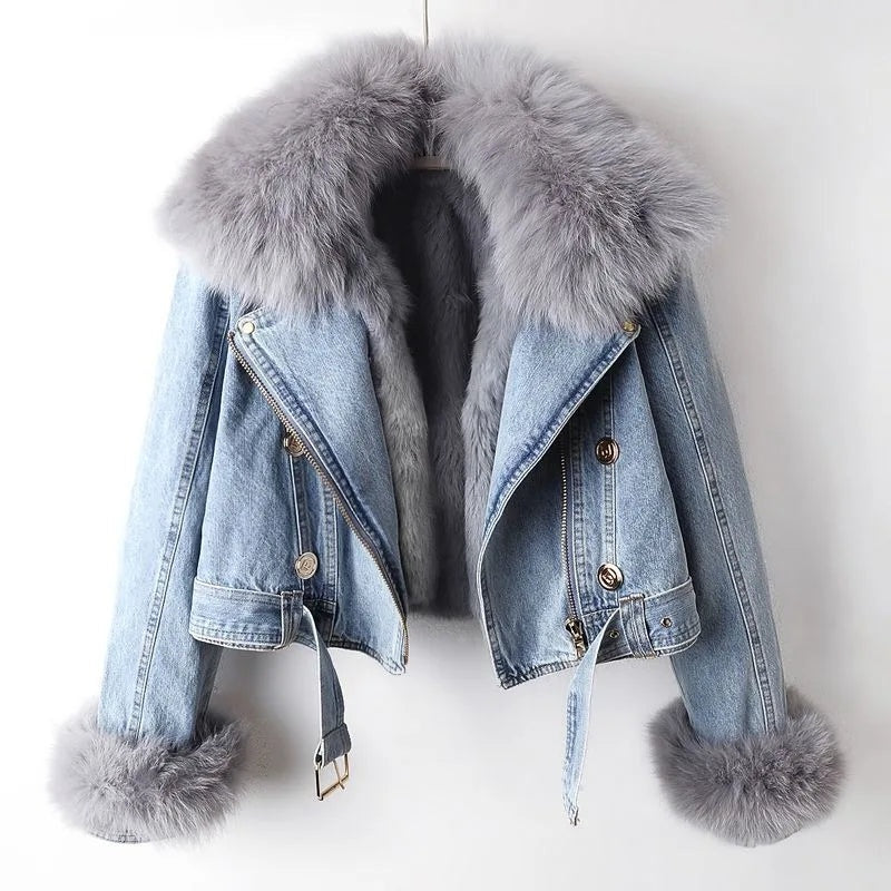 Veste en jean pour femme chaude, doublée de fourrure, en coton, pour l’automne