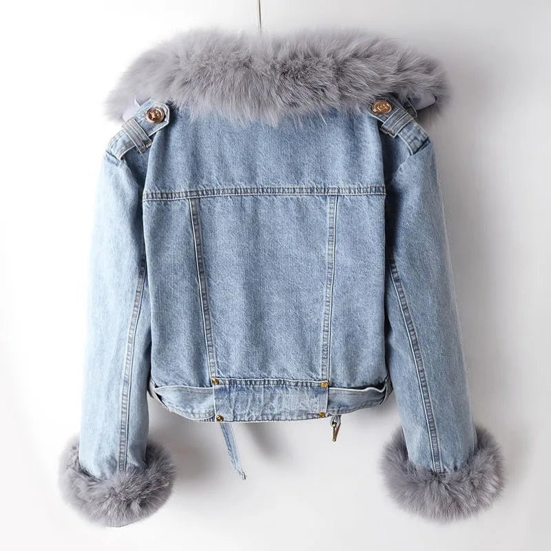 Veste en jean pour femme chaude, doublée de fourrure, en coton, pour l’automne
