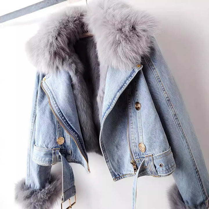 Veste en jean pour femme chaude, doublée de fourrure, en coton, pour l’automne