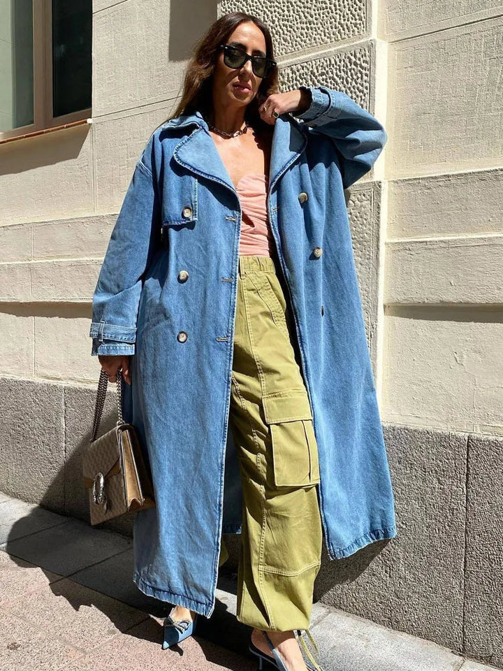 Trench-coat long en jean pour femme, en coton, à double boutonnage, pour l’automne