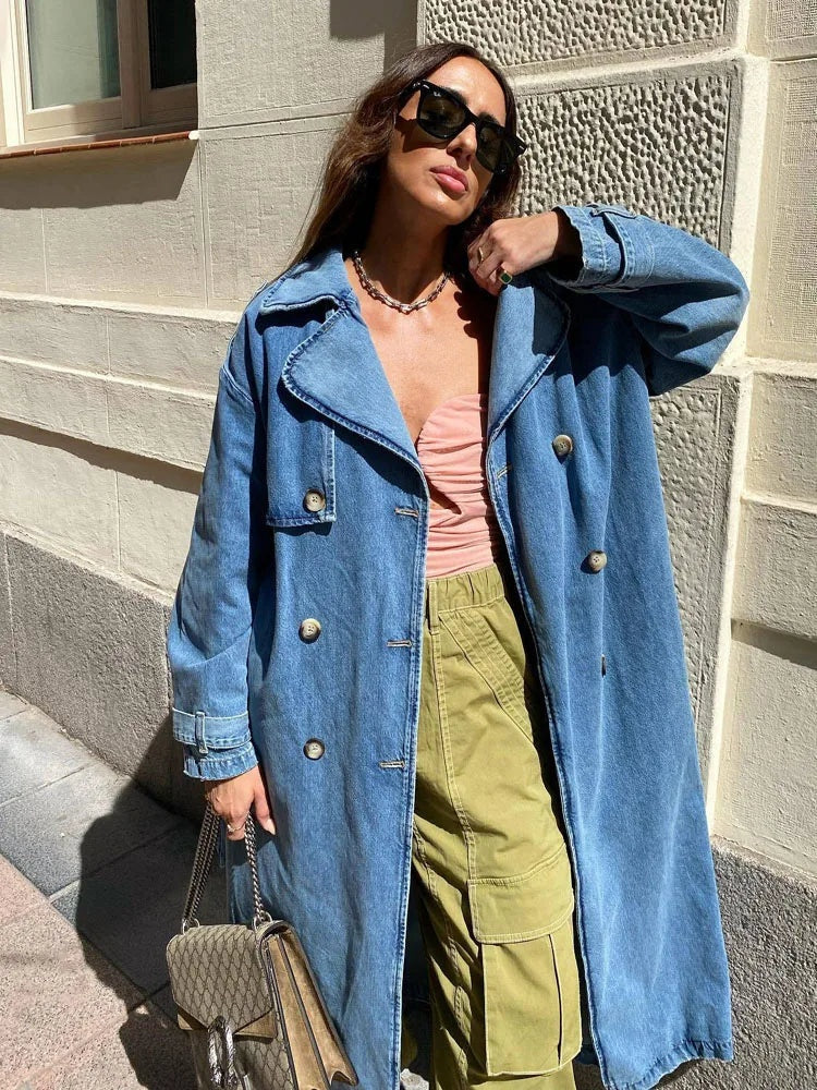 Trench-coat long en jean pour femme, en coton, à double boutonnage, pour l’automne