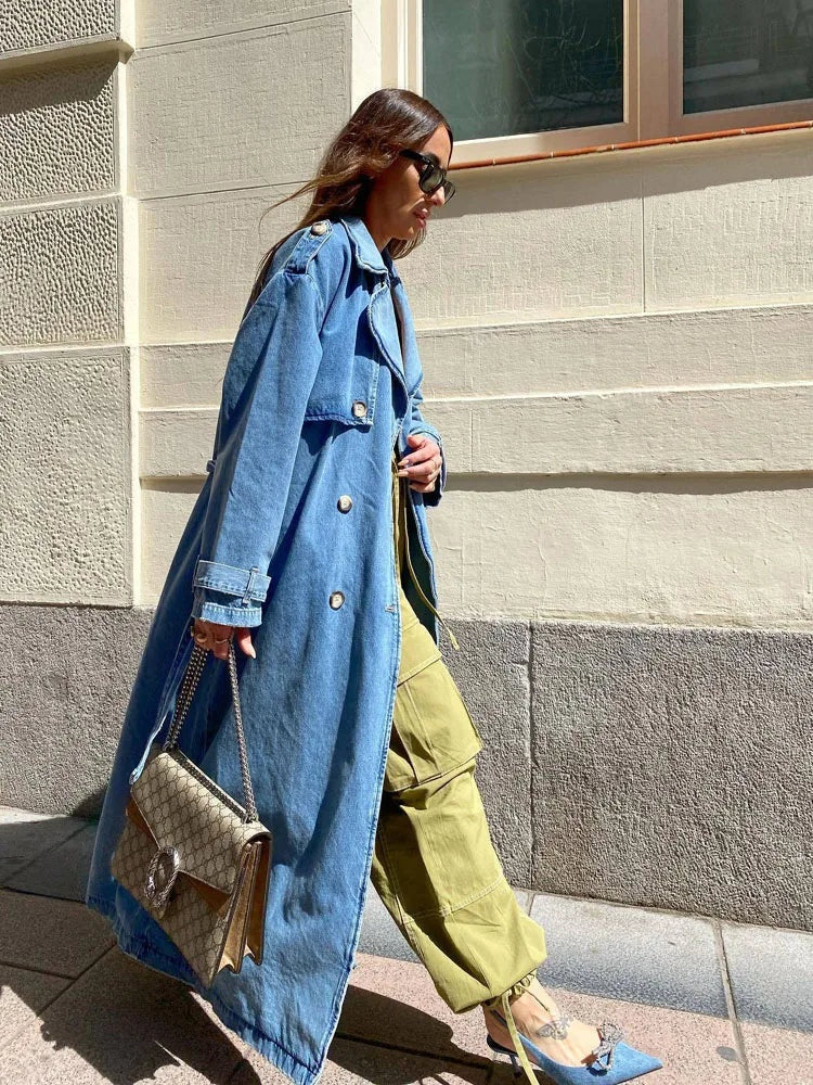 Trench-coat long en jean pour femme, en coton, à double boutonnage, pour l’automne