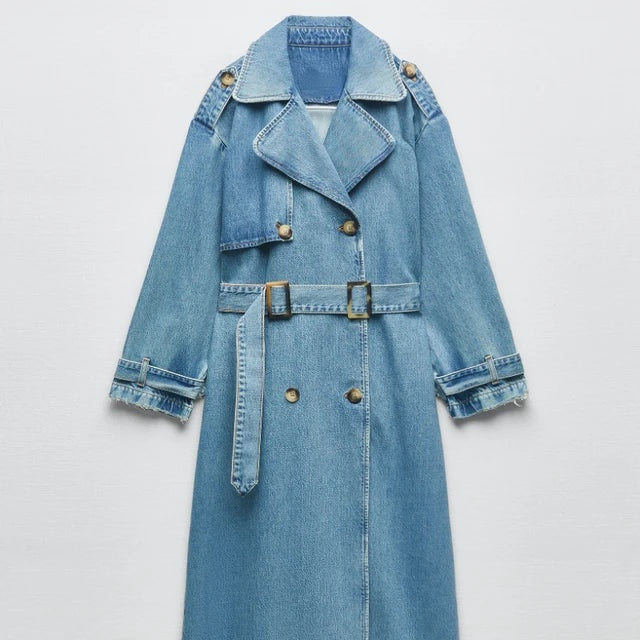 Trench-coat long en jean pour femme, en coton, à double boutonnage, pour l’automne