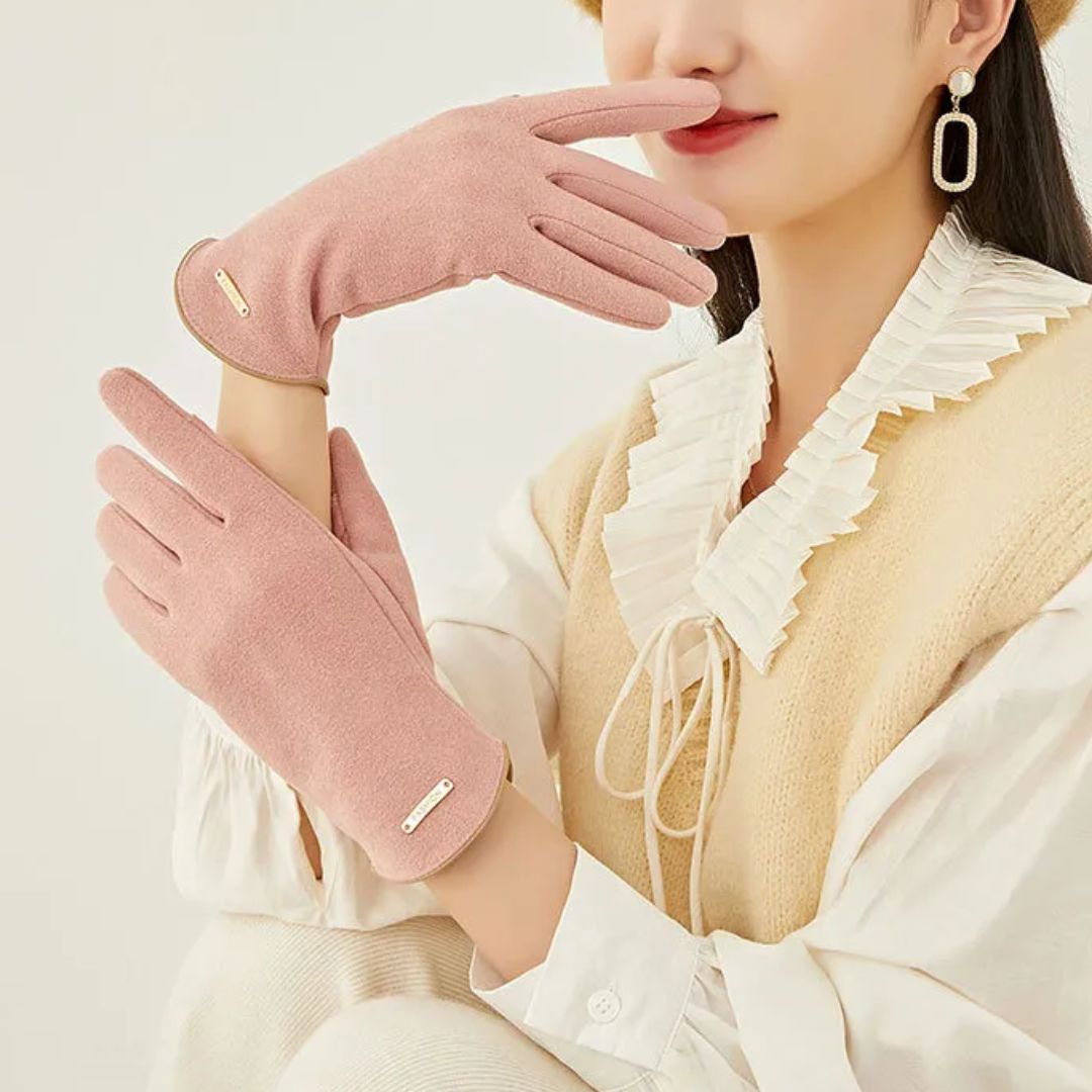 Elegant women's suede gloves lined with cashmere for winter with touchscreen functionality