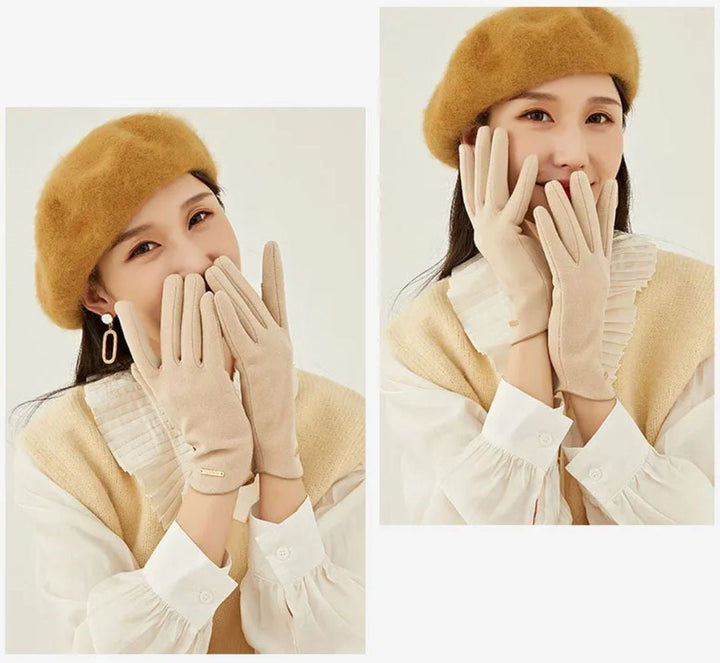 Elegant women's suede gloves lined with cashmere for winter with touchscreen functionality
