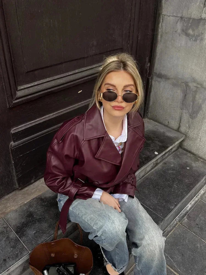 Manteau court pour femme style trench avec ceinture élégant pour l’automne et la mi-saison