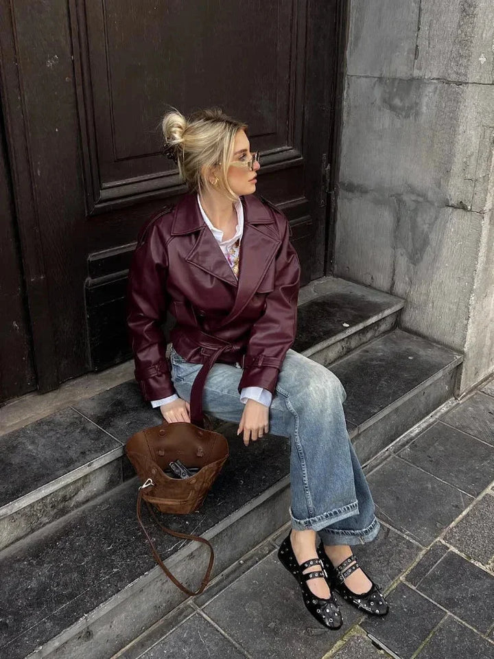 Manteau court pour femme style trench avec ceinture élégant pour l’automne et la mi-saison