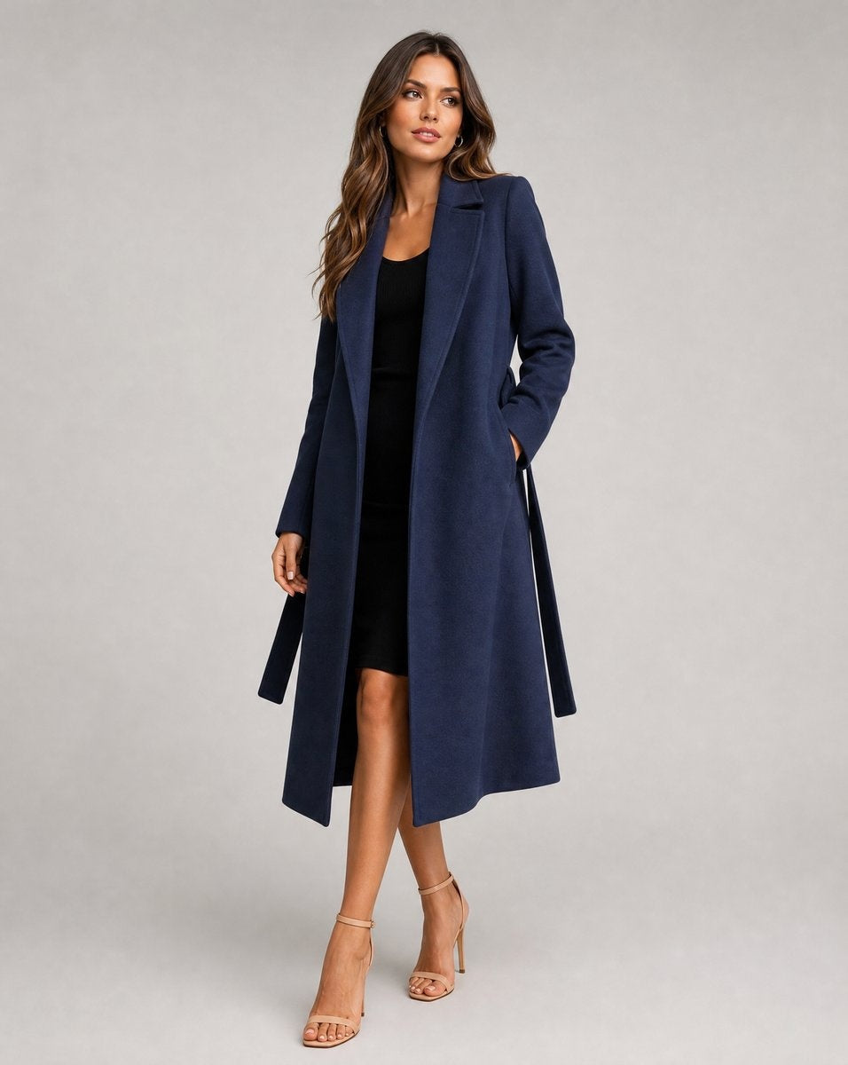 Long wool coat for women, trench-style wool coat with belt, autumn