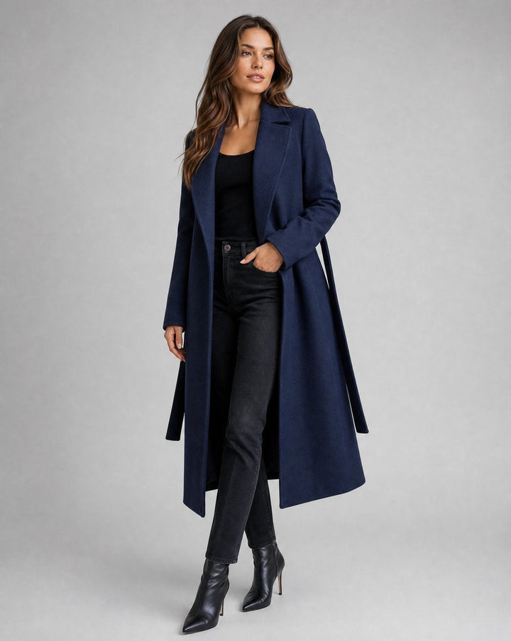 Long wool coat for women, trench-style wool coat with belt, autumn
