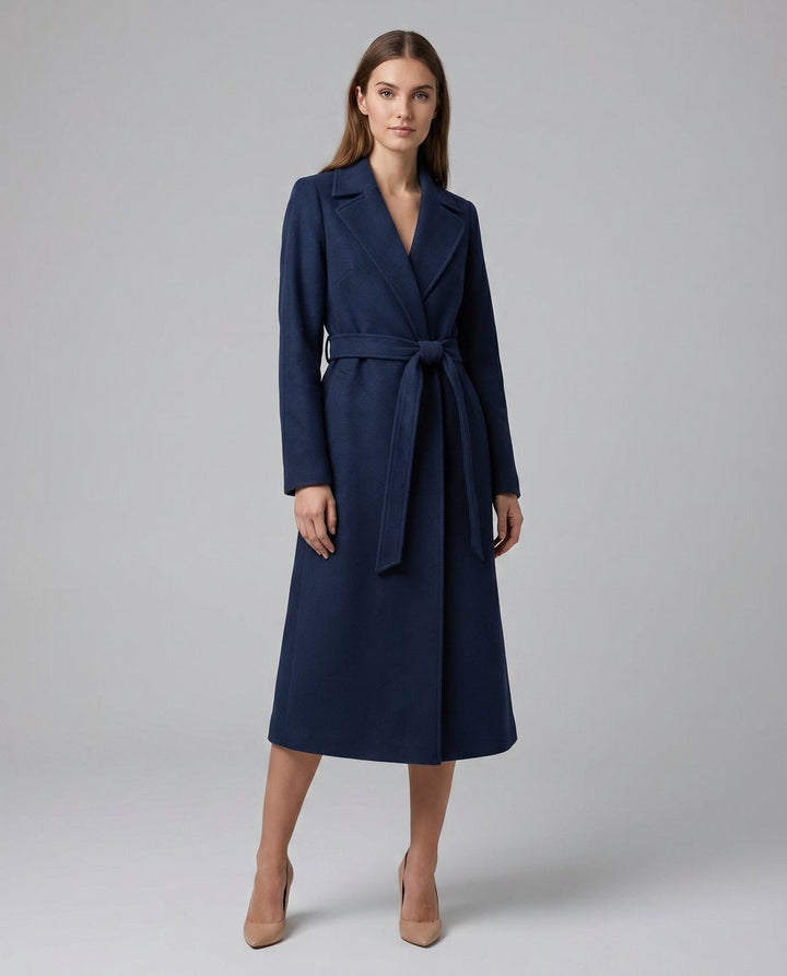 Long wool coat for women, trench-style wool coat with belt, autumn