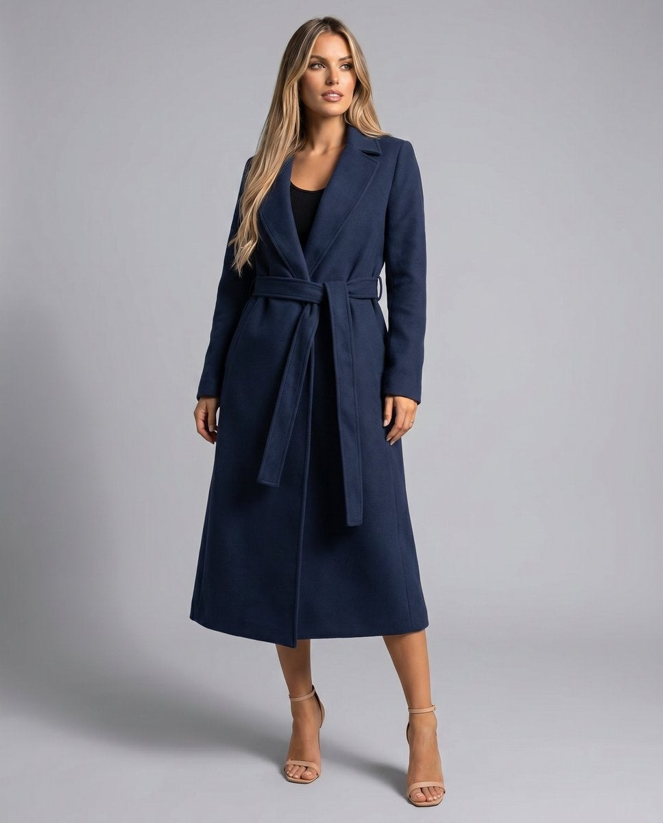 Long wool coat for women, trench-style wool coat with belt, autumn
