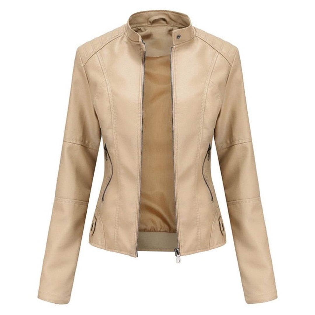 Veste en similicuir pour femme à col montant, style perfecto, pour l’automne