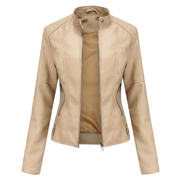 Veste en similicuir pour femme à col montant, style perfecto, pour l’automne